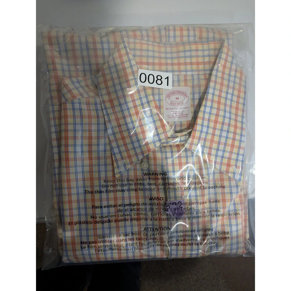 Brooks Brothers Polo Shirt Mens M Orange Blue Plaid Supima Cotton Non-Iron - Picture 9 of 9